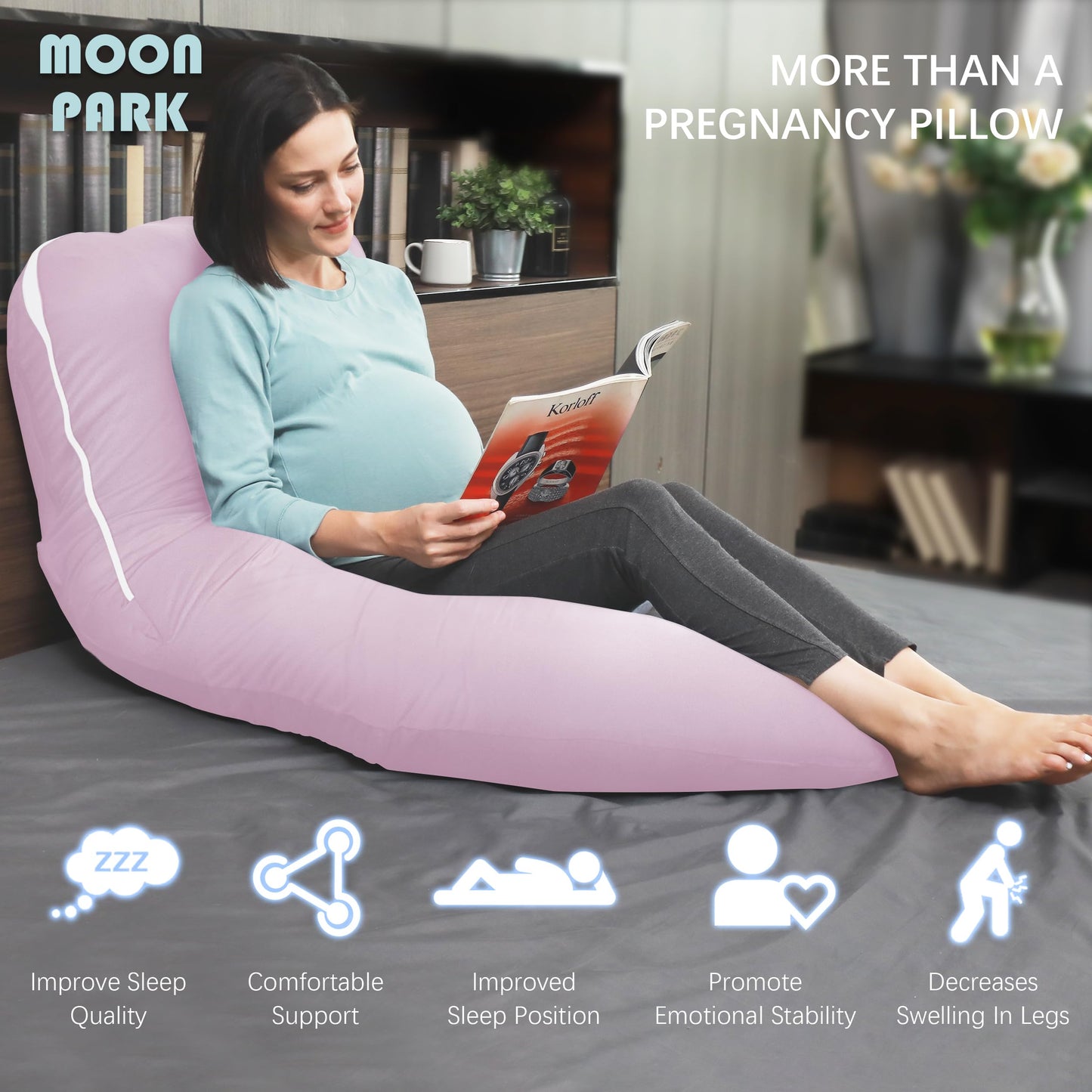MOON PARK Pregnancy Pillows for Sleeping - U Shaped Full Body Maternity Pillow with Removable Cover - Support for Back, Legs, Belly, HIPS - 65 Inch - Aquamarine