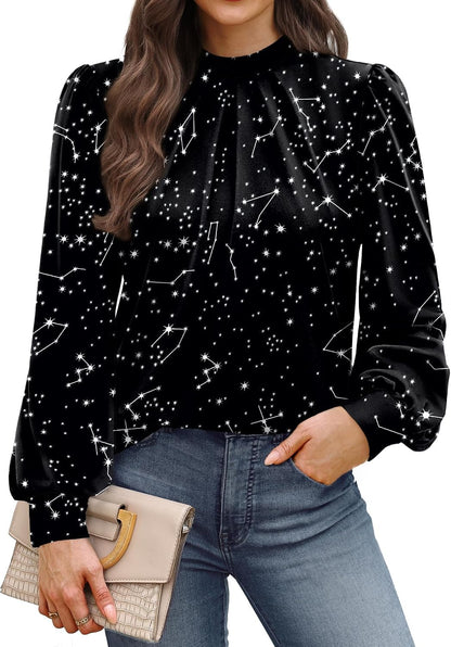 WIHOLL Long Sleeve Shirts for Women Mock Neck Tops Pleated Front Blouses Dressy Casual Spring Fall Clothes 2026 Fashion