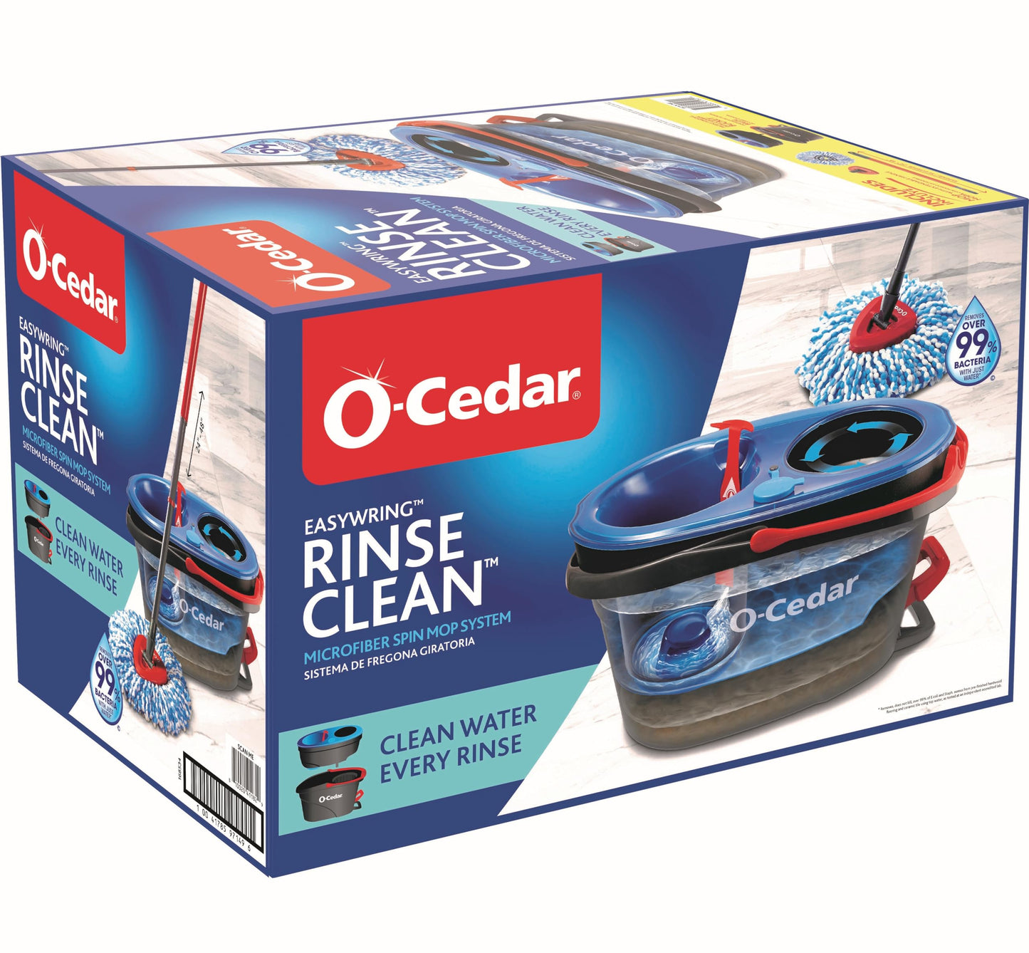 O-Cedar RinseClean Spin Mop & Bucket System + 2 Extra Mop Heads| Clean with Clean Water | Removes 99% of Bacteria