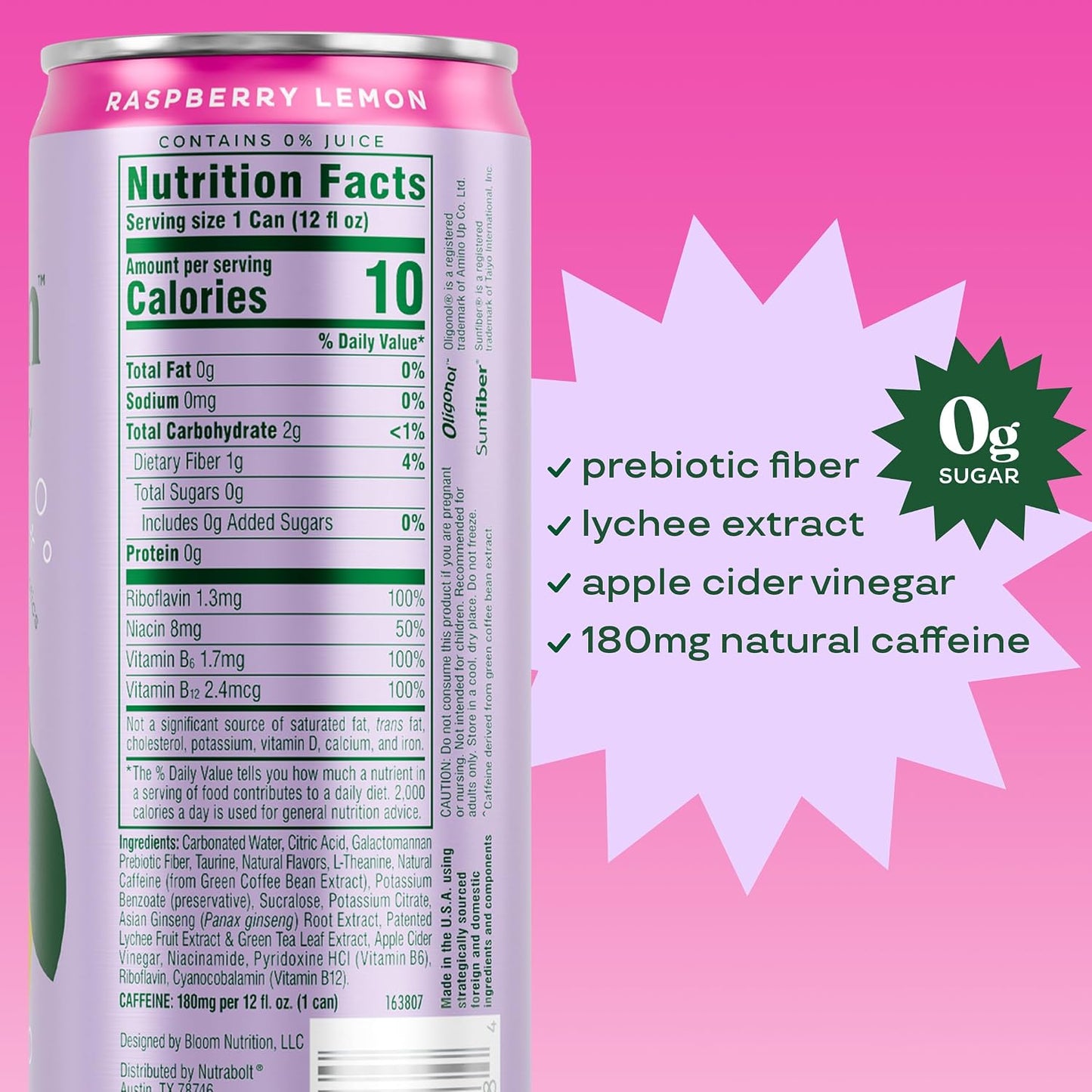 Bloom Nutrition Zero Sugar Energy Drink, Apple Crisp, 12oz 12pk