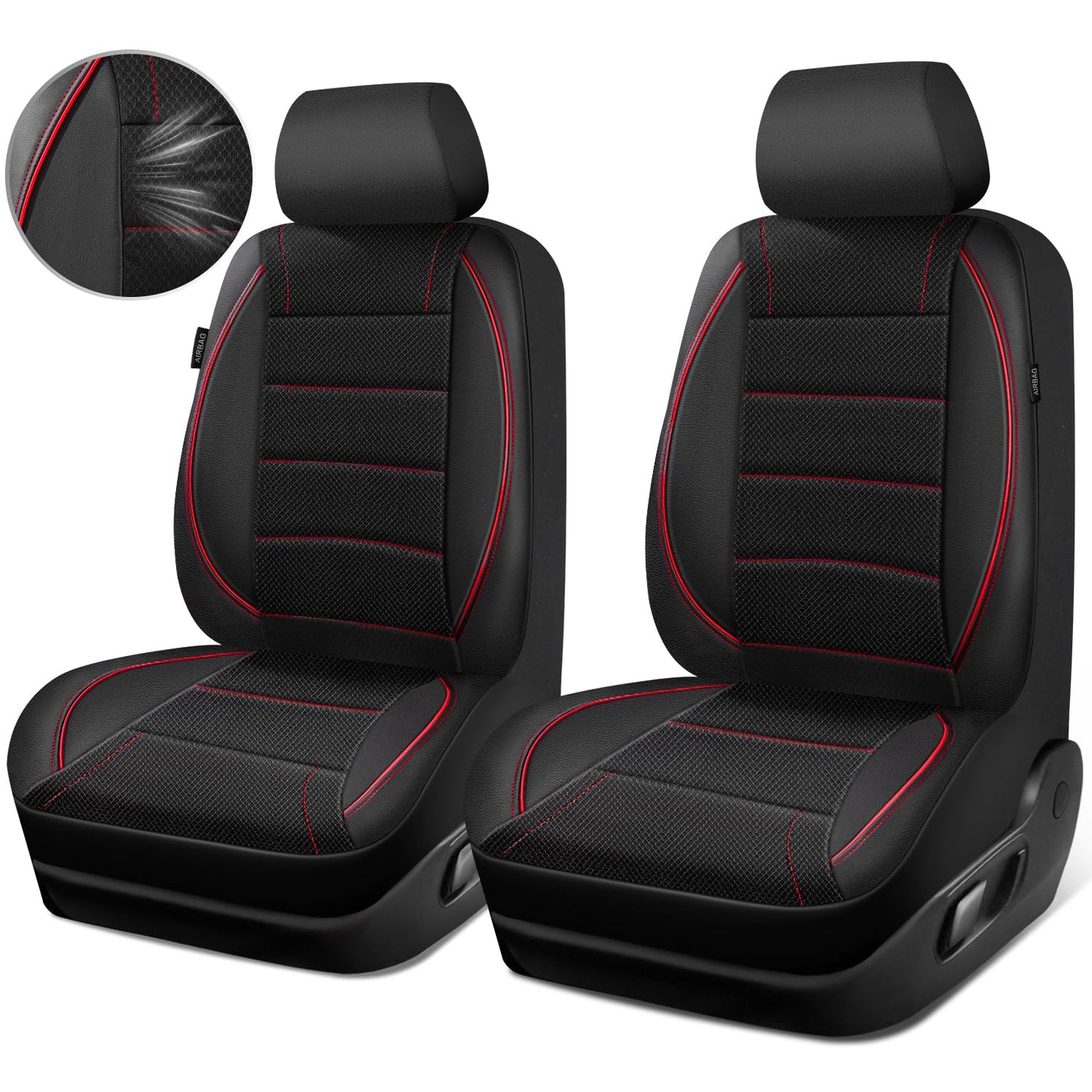 CAR PASS Universal FIT Piping Leather Car Seat Cover, for suvs,Van,Trucks,Airbag Compatible,Inside Zipper Design and Reserved Opening Holes (Full Set, Black and Red)