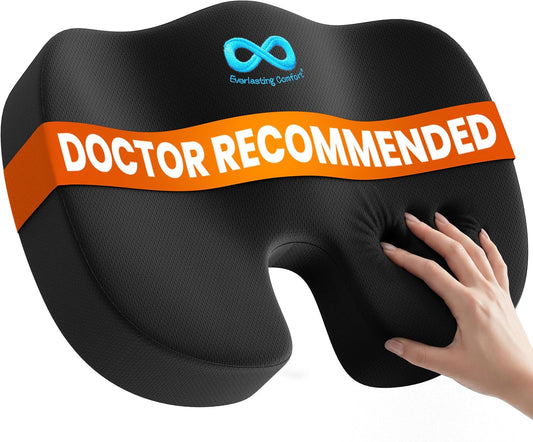 Everlasting Comfort Doctor Recommended Memory Foam Seat Cushion for Office Chairs & Car - Ergonomic Office Desk Accessories - Cushions for Tailbone Pain Relief, Sciatica (Black, Large)