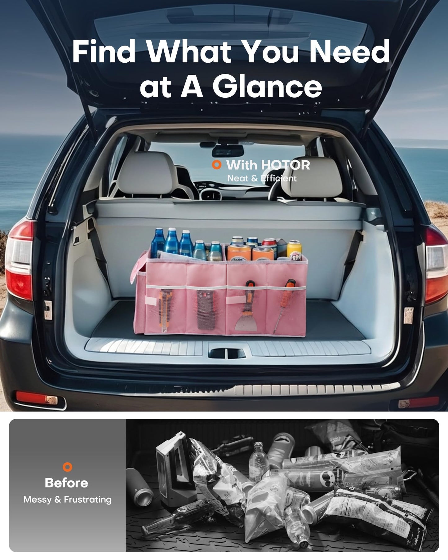 HOTOR Trunk Organizer - Foldable Car Organizer for SUVs & Sedans Storage