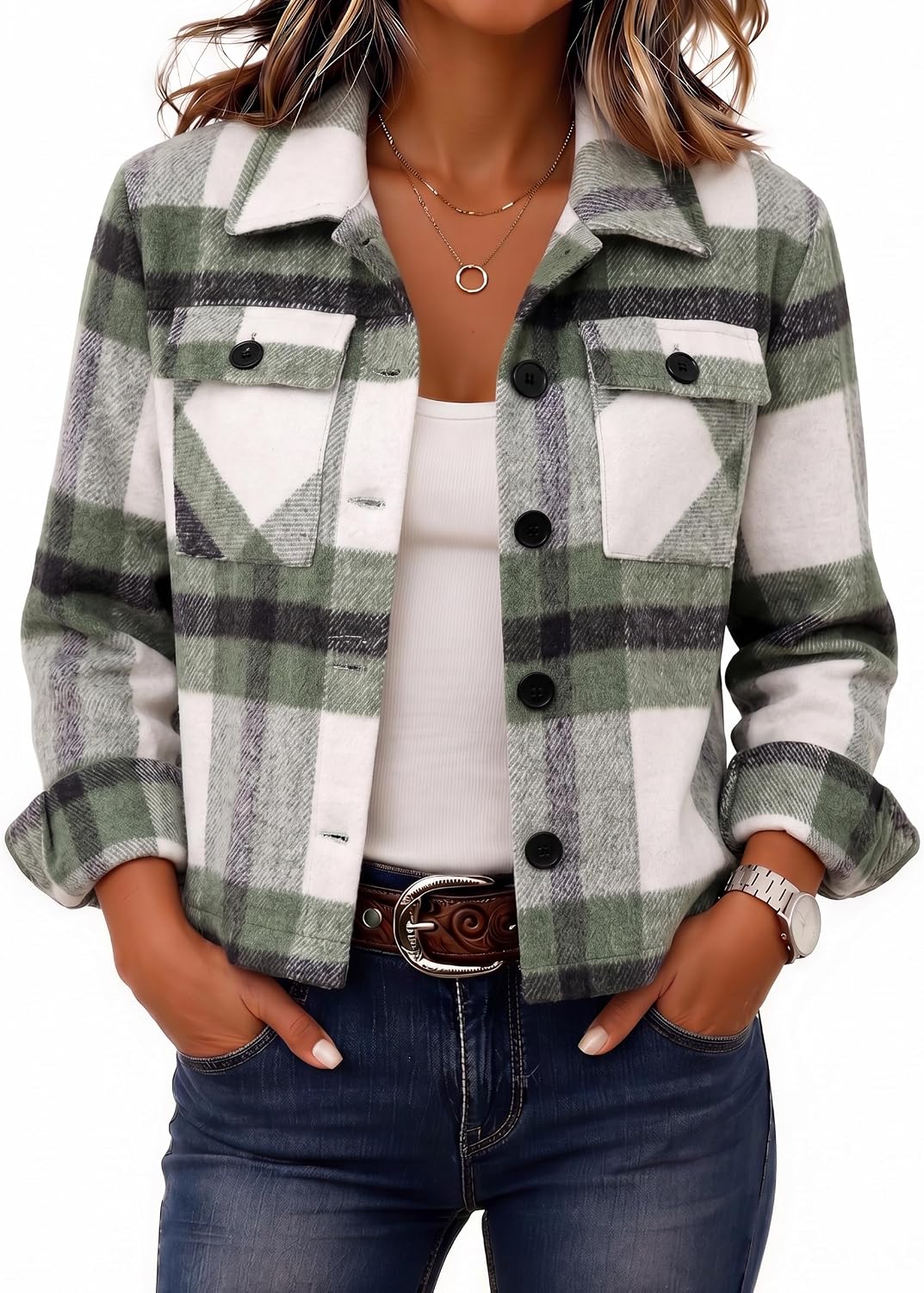 Zeagoo Flannels for Women Cropped Shacket Jacket Fashion Plaid Fall Coat