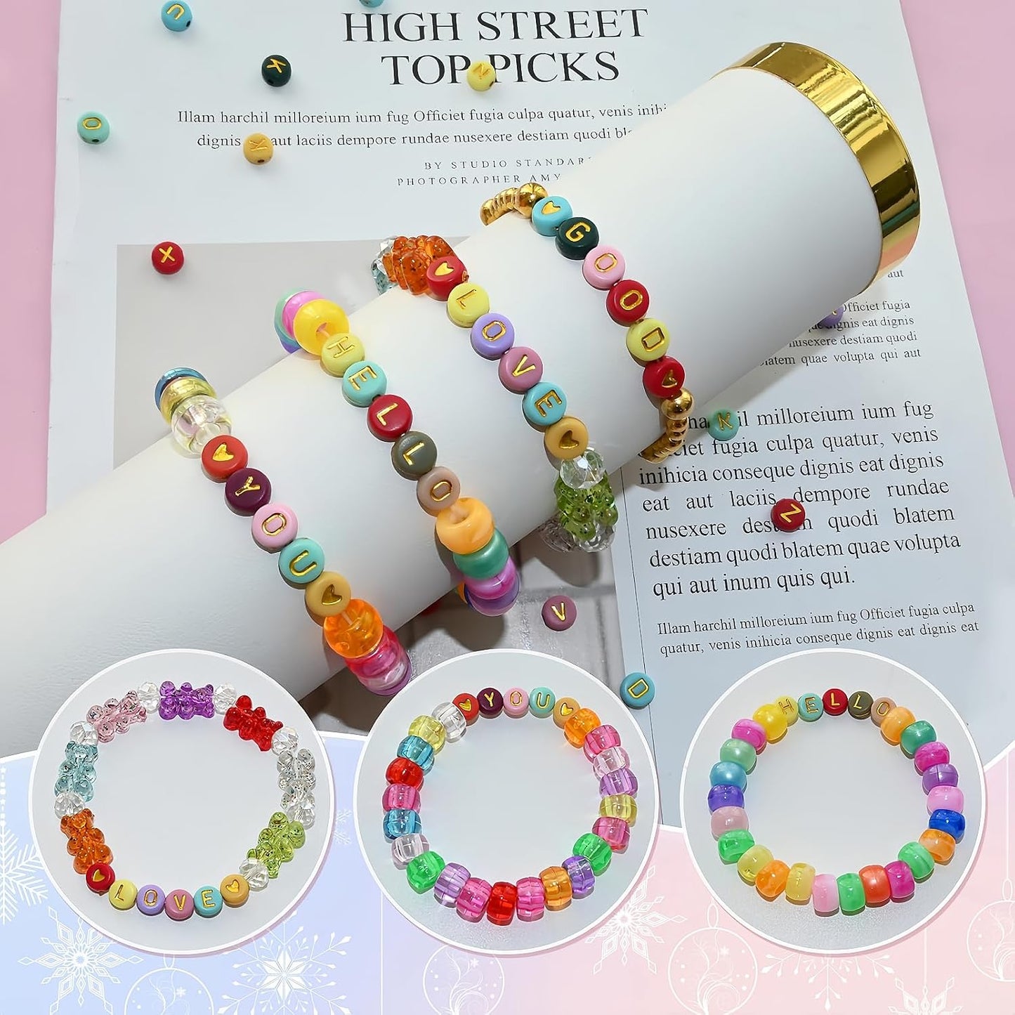 Looconi 810pcs Gold Letter Beads Square 6x6mm White Cube Acrylic Alphabet A-Z with Heart Pattern and Crystal Line for Jewelry Making