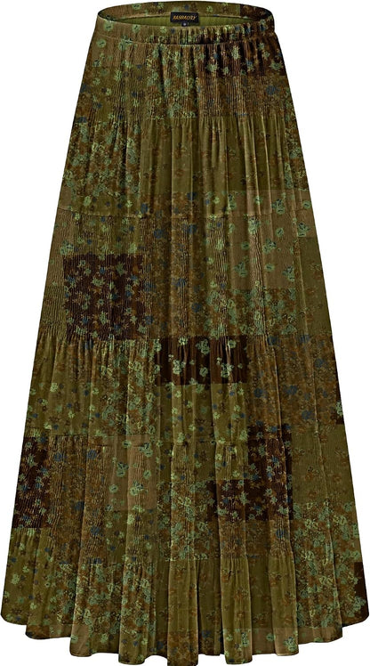 NASHALYLY Women's Chiffon Elastic High Waist Pleated A-Line Maxi Skirts