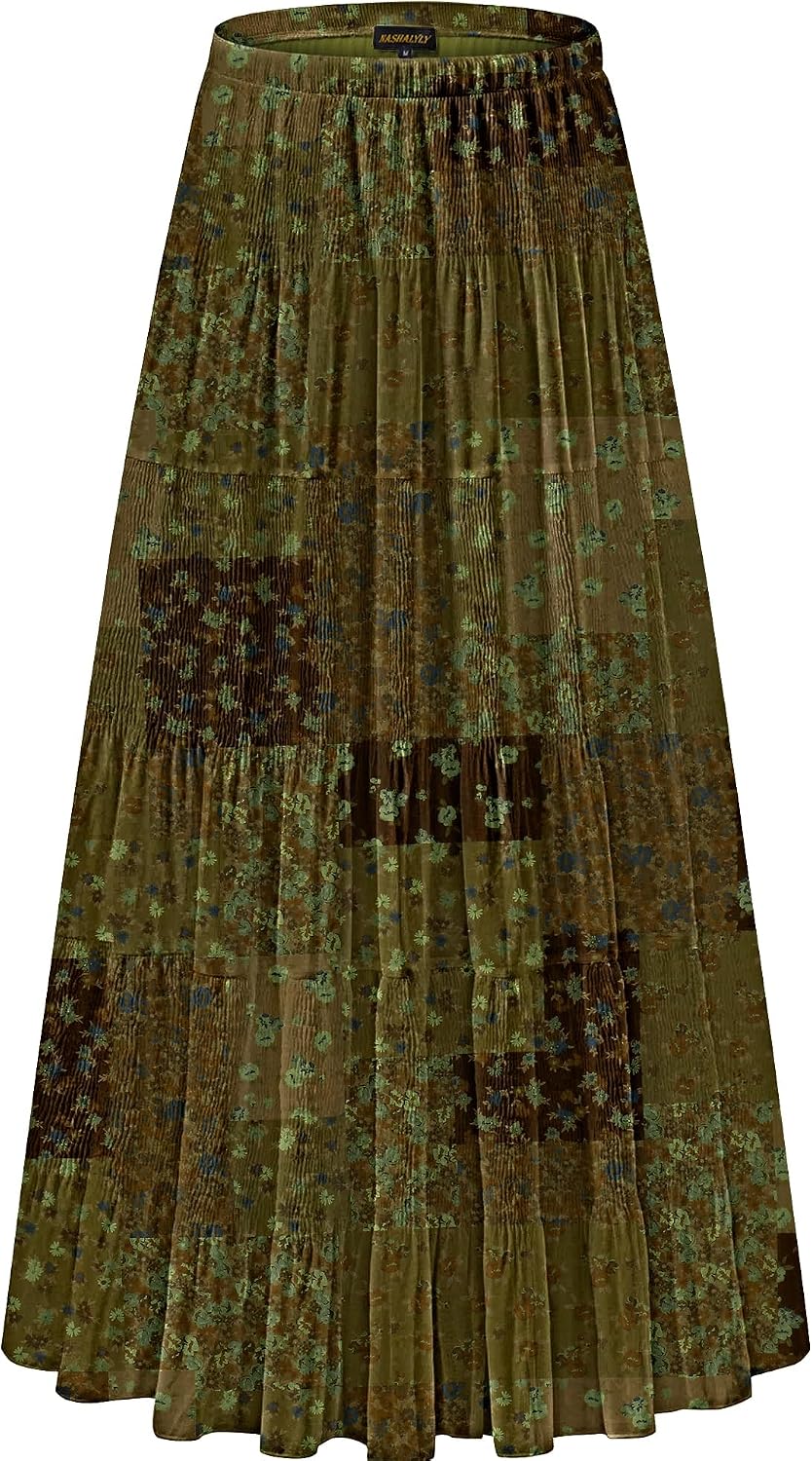 NASHALYLY Women's Chiffon Elastic High Waist Pleated A-Line Maxi Skirts