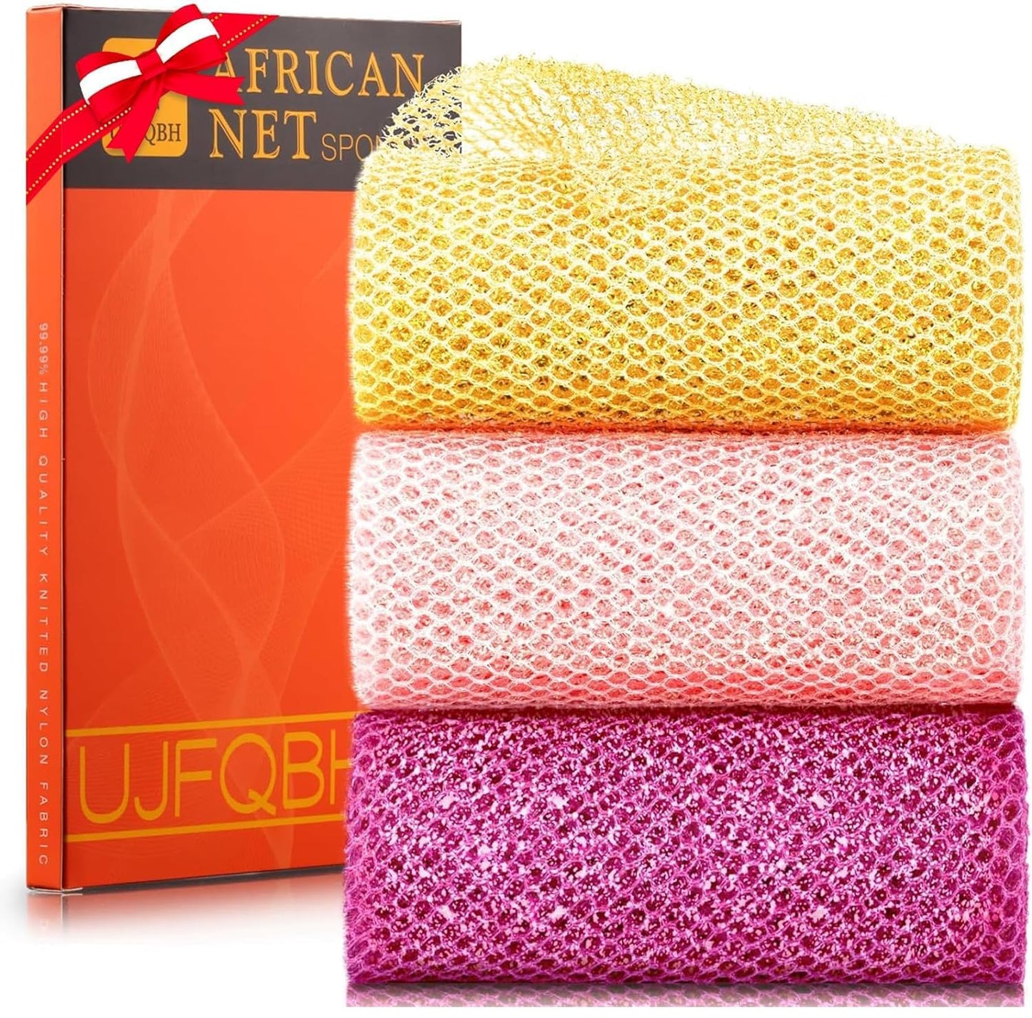 UJFQBH African Net Sponge Authenti, Exfoliating Body Scrubber for Back and Hard to Reach Areas, Gentle Daily Exfoliation for Deep Cleansing, Quick Drying Shower Essential, Aqua Grey 3 Pack