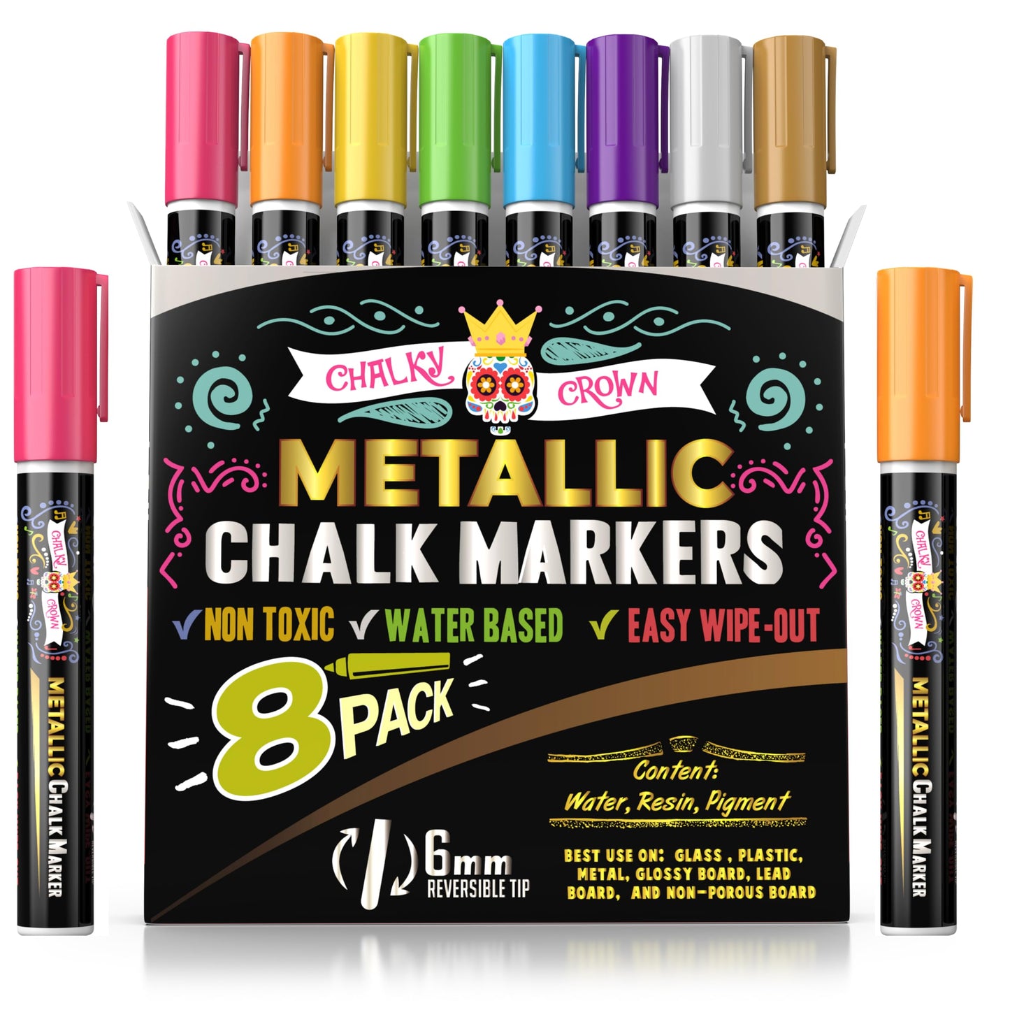 CHALKY CROWN Liquid Chalk Markers - Bold Chalkboard Markers - 8 Pack, 6mm