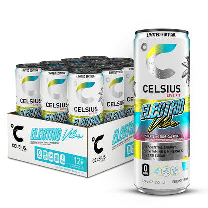 CELSIUS Sparkling Tropical Vibe, Functional Essential Energy Drink 12 Fl Oz (Pack of 12)