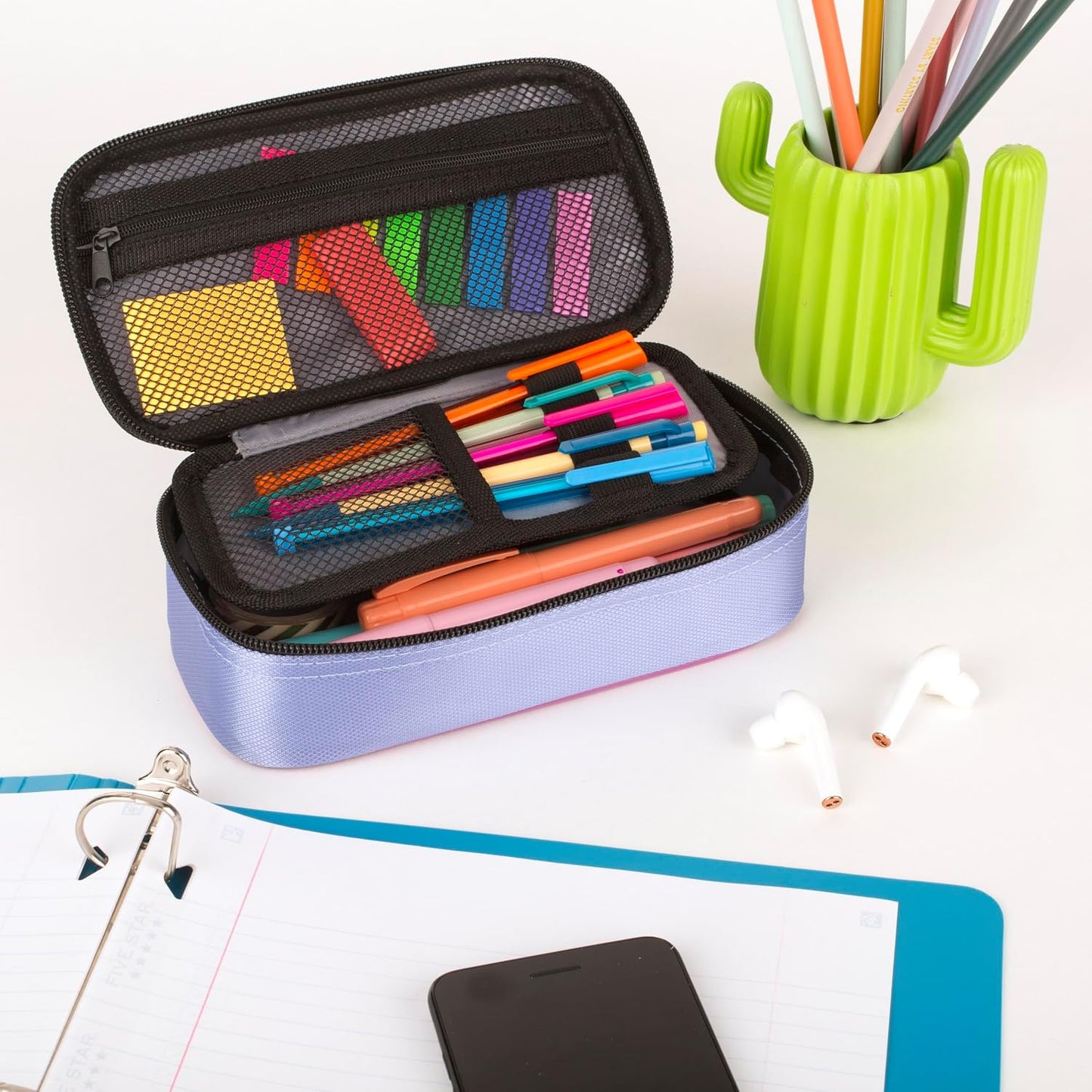 Five Star Pencil Pouch, Pen Case, High-Capacity Zipper Pouch, Storage Organizer for School Supplies Earbuds Chargers Cables Makeup, Blue/Denim (500212F-ECM)