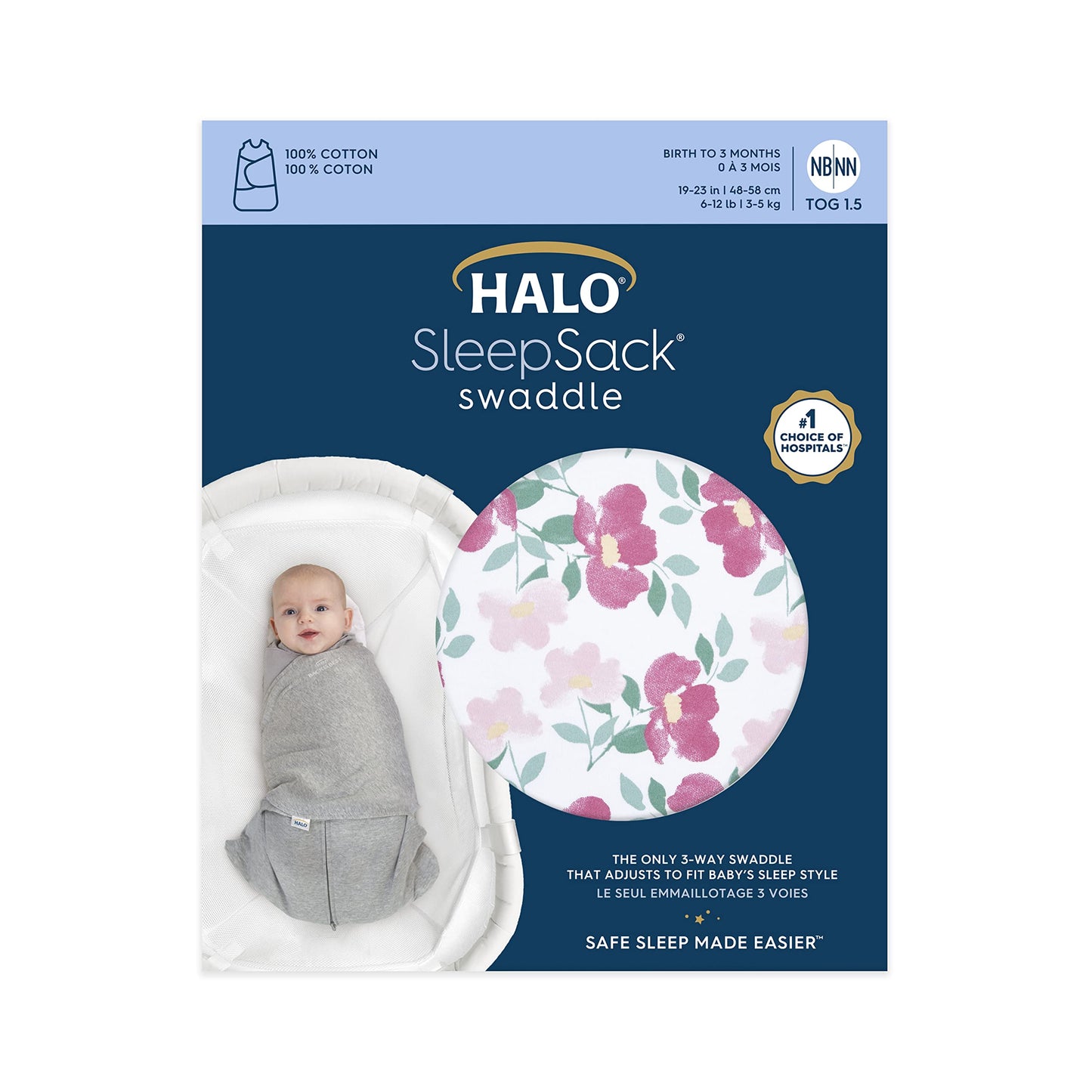 HALO 100% Cotton Sleepsack Swaddle, 3-Way Adjustable Wearable Blanket, TOG 1.5, Baby Blue, Newborn, 0-3 Months