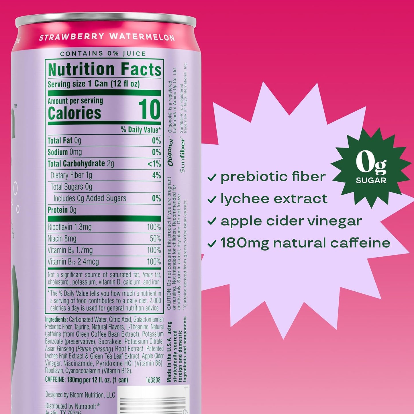 Bloom Nutrition Zero Sugar Energy Drink, Apple Crisp, 12oz 12pk