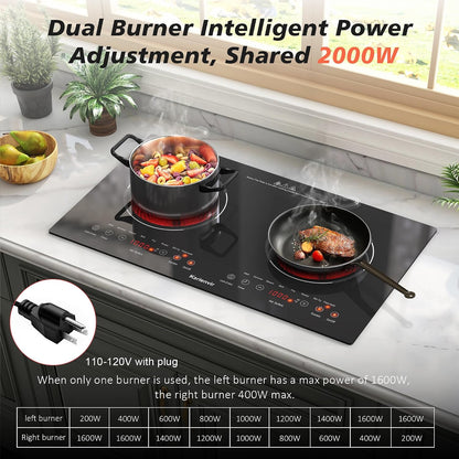 2 Burner Electric Cooktop 110V, 2000W, 24" Countertop & Built-in
