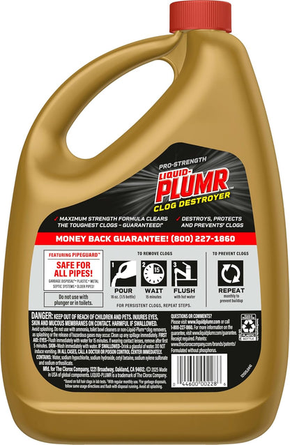 Liquid-Plumr Pro-Strength Full Clog Destroyer, Bathroom & Kitchen Sinks, Shower and Tub Drain, Safe for Pipes, Liquid Drain Cleaner, 80 Fluid Ounces