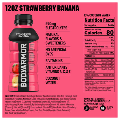 BODYARMOR Sports Drink, Strawberry Banana, Electrolyte Drink Hydration, 12 Fl Oz Bottles (8 Pack), Flavored Coconut Water with B Vitamins & Antioxidants