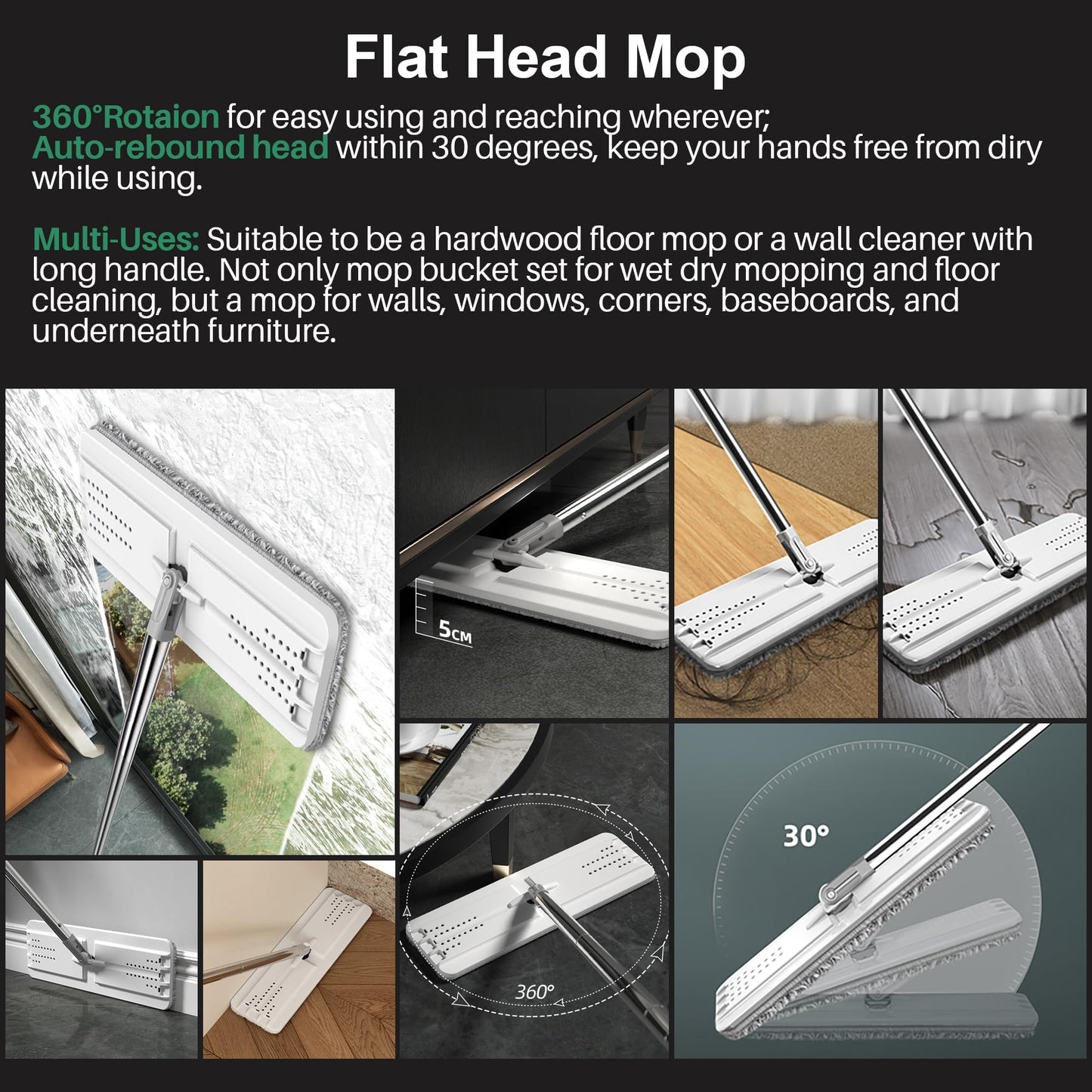 JOYMOOP Wall Mop and Bucket Set, Hands-Free Flat Floor Mop with 3 Washable Microfiber Pads, Wet and Dry Use, Ideal for Home and Commercial Floor Cleaning