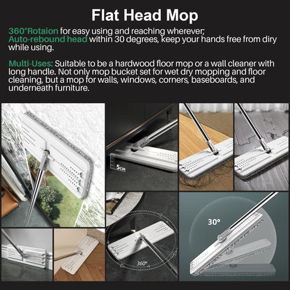 JOYMOOP Wall Mop and Bucket Set, Hands-Free Flat Floor Mop with 3 Washable Microfiber Pads, Wet and Dry Use, Ideal for Home and Commercial Floor Cleaning