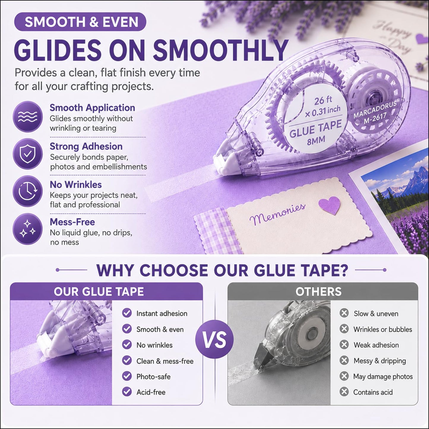 MARCADORUS Glue Tape for Scrapbooking, Double Sided Tape Roller 106Ft Total