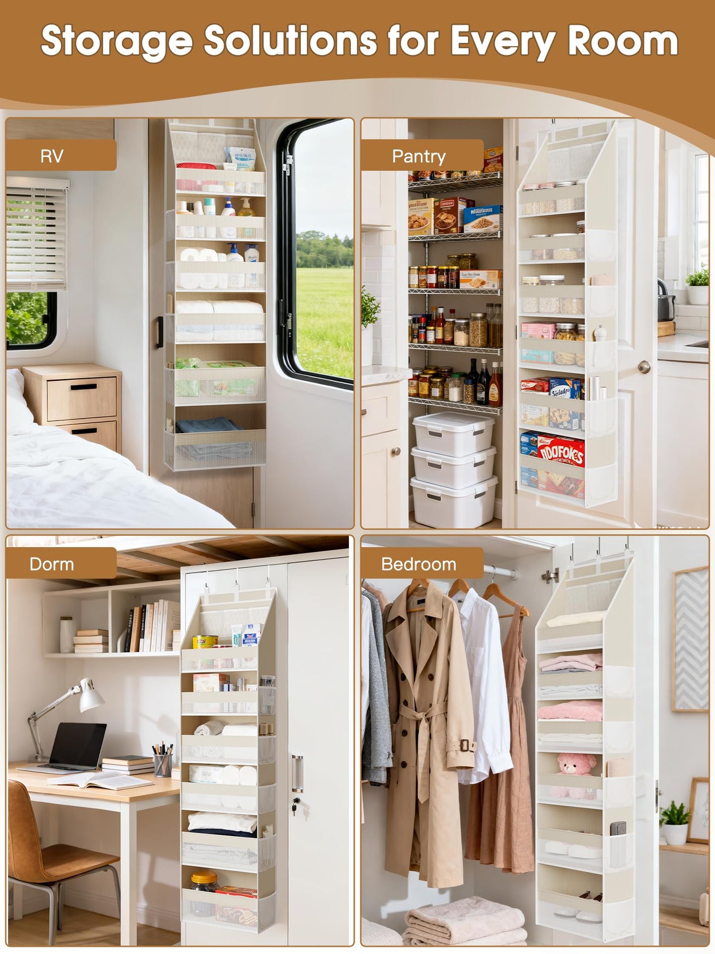 Criusia Over the Door Organizer, Heavy-Duty 6-Shelf Hanging Storage with 13 Mesh Pockets, 55lbs Capacity Behind the Door Storage for Nursery, Bathroom, Bedroom, and Dorm, White