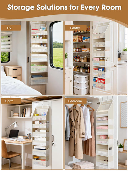 Criusia Over the Door Organizer, Heavy-Duty 6-Shelf Hanging Storage with 13 Mesh Pockets, 55lbs Capacity Behind the Door Storage for Nursery, Bathroom, Bedroom, and Dorm, White