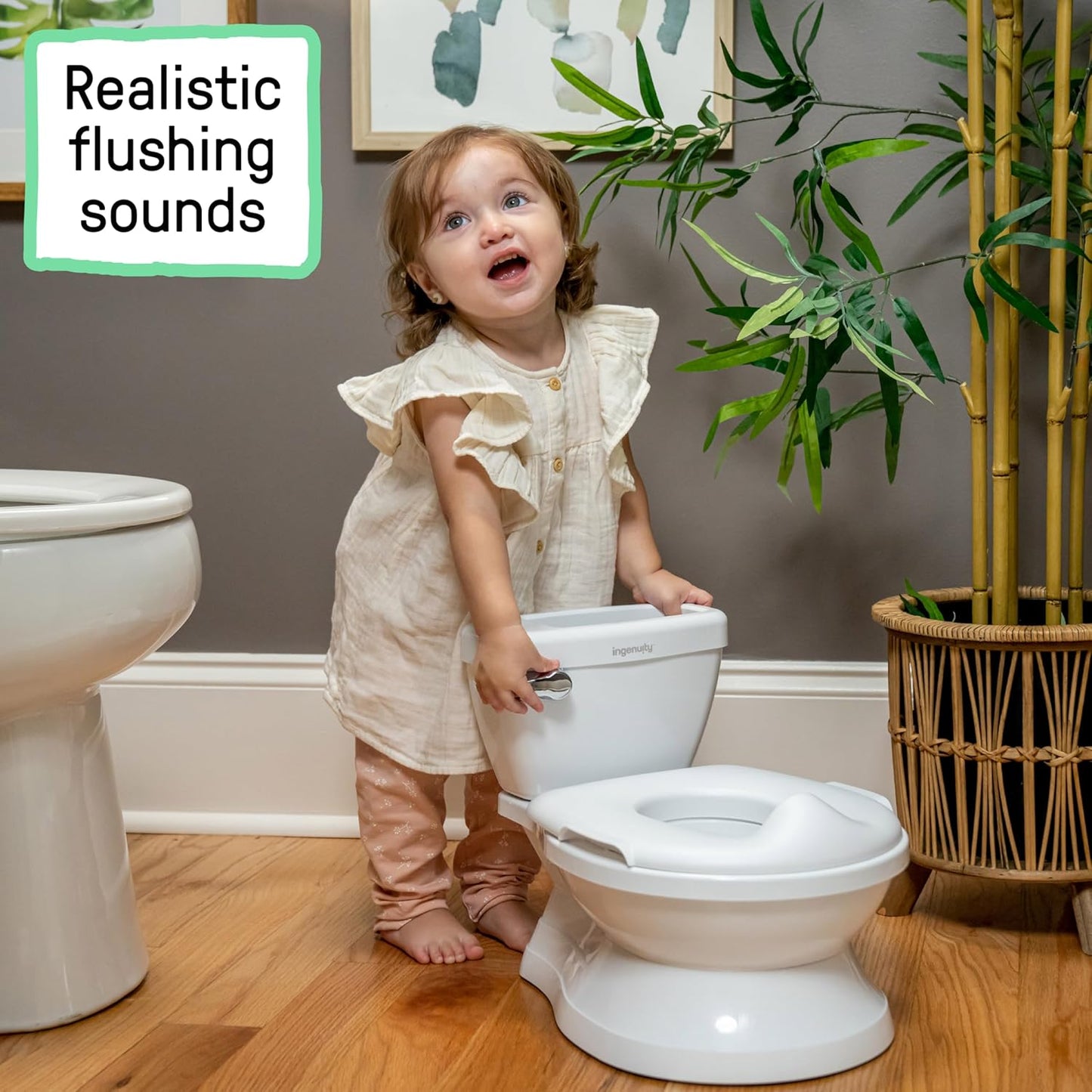 Ingenuity My Size Potty Pro 2-in-1 Potty Training Toilet, Floor Potty with Removable Potty Seat for Standard Toilets, Realistic Flushing Sound, for Toddlers Ages 18+ Months, Up to 50 lb