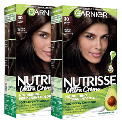 Garnier Nutrisse Ultra Crème Hair Color, Permanent Hair Dye with 100% Gray Coverage, Vegan & Cruelty-Free, 33 Darkest Golden Brown (Caramel Fudge), 1 Count