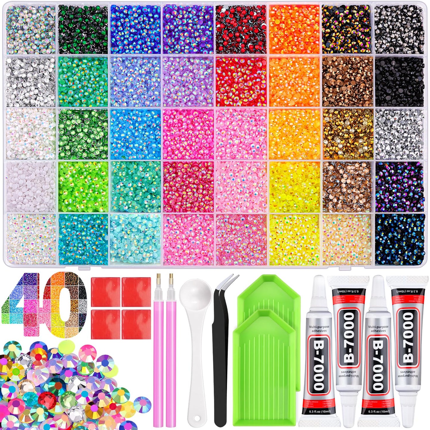 Rainbow Flatback Rhinestones for Crafting and 3PCS B7000 Glue (Set 1), 2 Boxes of 4500 PCS Resin Rhinestones Gems Charms for Bedazzling DIY Crafts Tumblers Shoes Fabric Clothing Nail Art