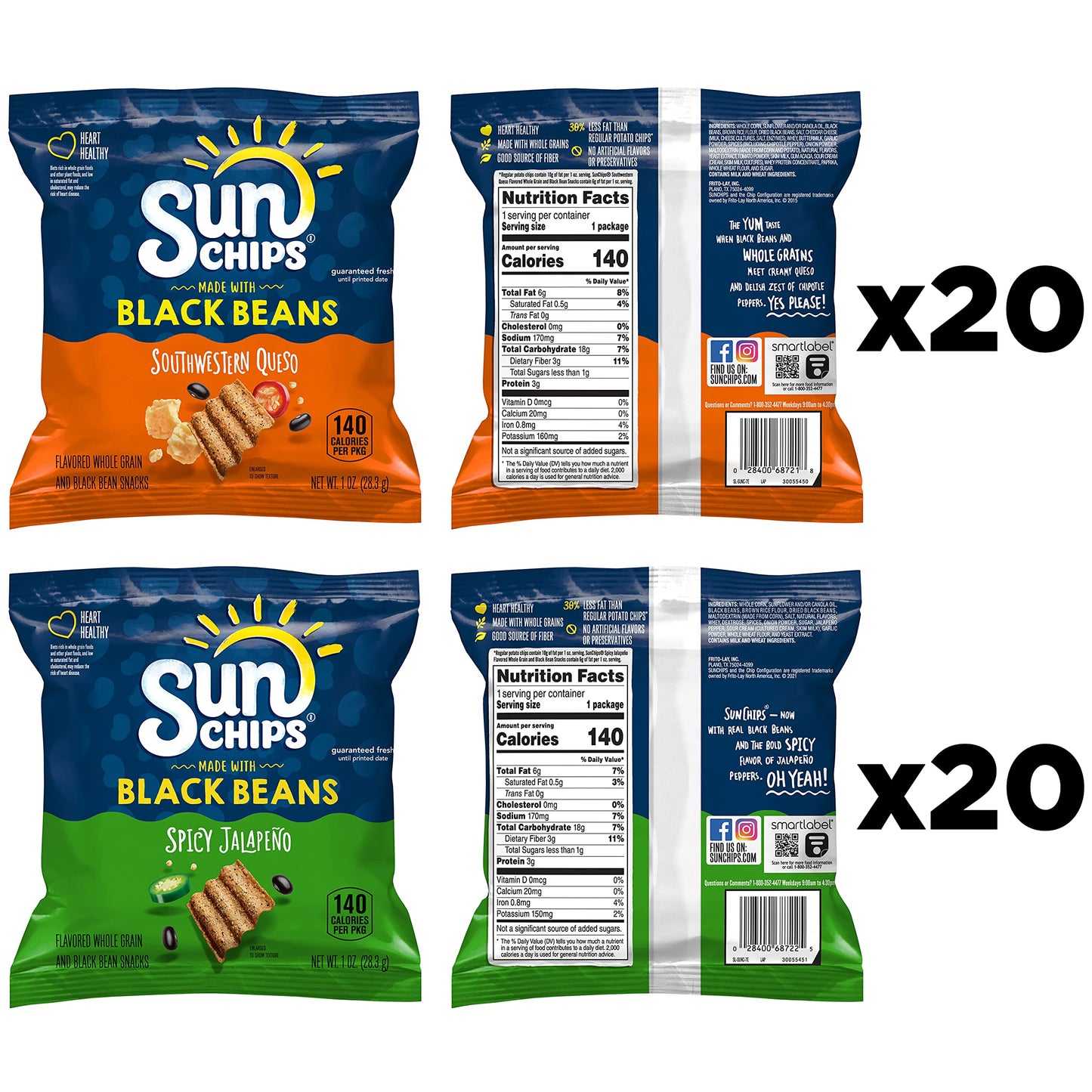 SunChips 100% Whole Grain Chips, Variety Pack, 1 oz Bags, Pack of 40, No Artificial Flavors, Colors