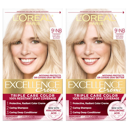 L'Oreal Paris Excellence Crème Permanent Hair Dye, Triple Care Hair Color with Hyaluronic Acid for 100% Gray Coverage, 4 Dark Brown, 1 Kit (Packaging May Vary)