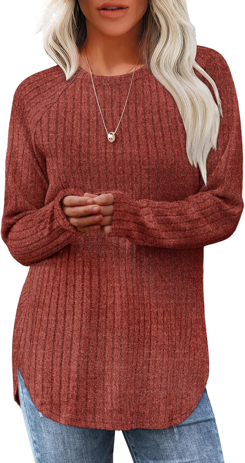 Saloogoe Long Sleeve Shirts for Women 2026 Fall Clothes Tunic Tops Loose Fit Dressy Crewneck Pullover Sweaters Curved Hem