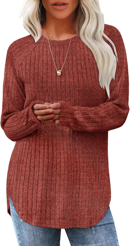 Saloogoe Long Sleeve Shirts for Women 2026 Fall Clothes Tunic Tops Loose Fit Dressy Crewneck Pullover Sweaters Curved Hem