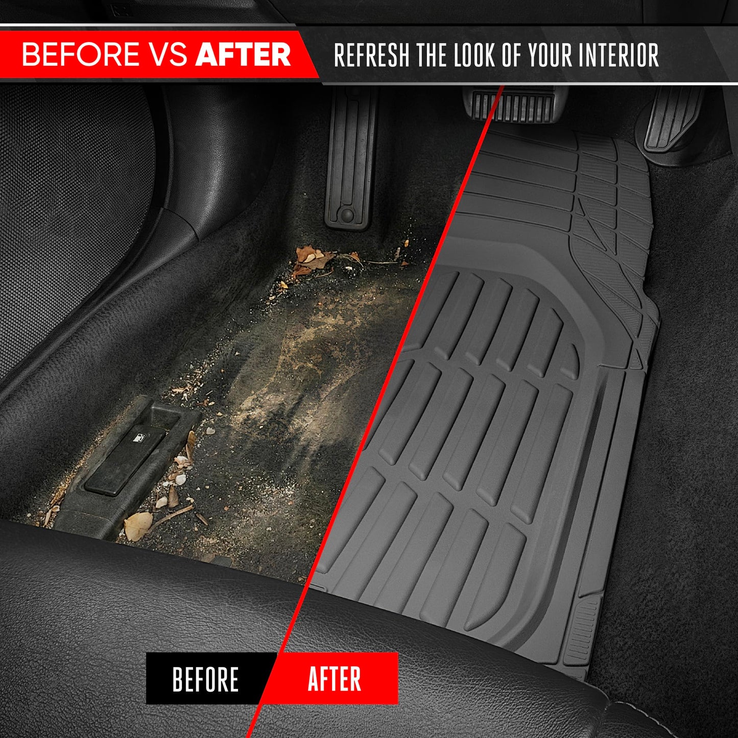 Motor Trend -2 Piece Front Car Floor Mats- Black FlexTough Contour Liners-Deep Dish Heavy Duty Rubber Floor Mats for Car SUV Truck & Van-All Weather Protection, Universal Trim to Fit