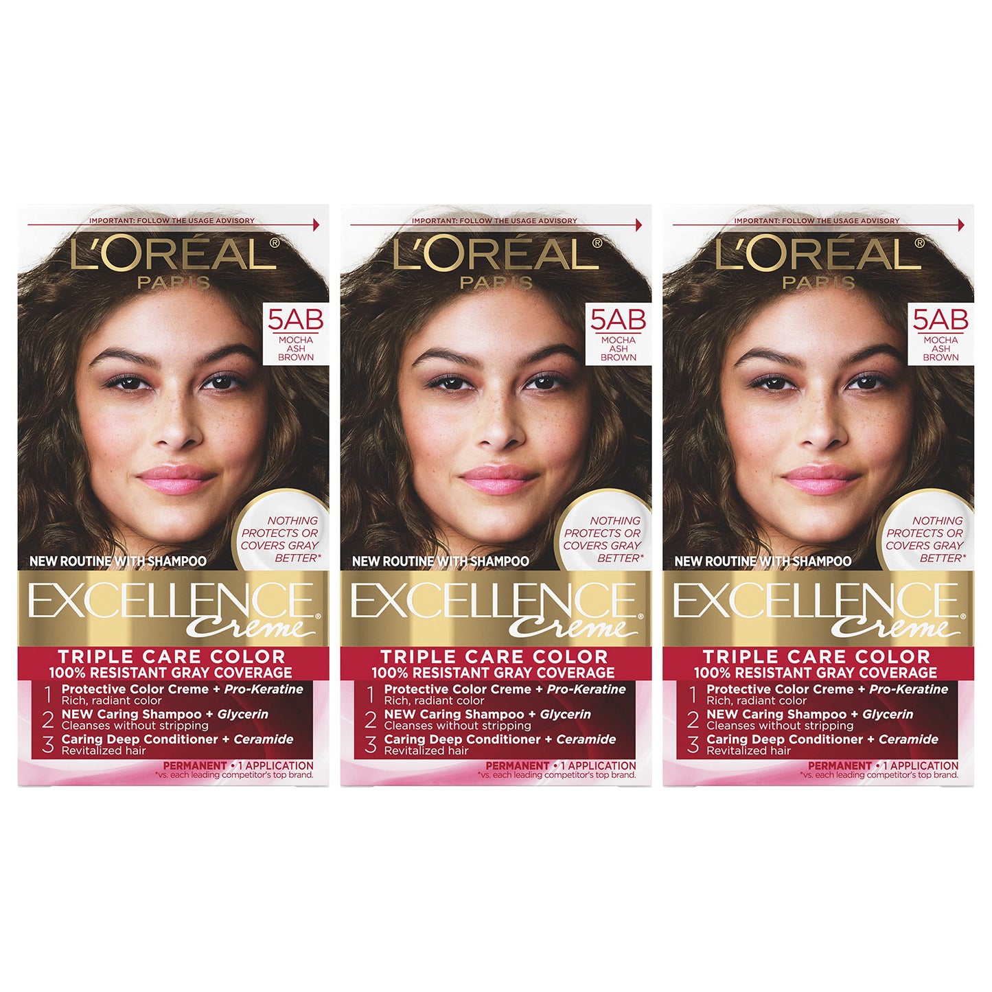 L'Oreal Paris Excellence Crème Permanent Hair Dye, Triple Care Hair Color with Hyaluronic Acid for 100% Gray Coverage, 4 Dark Brown, 1 Kit (Packaging May Vary)