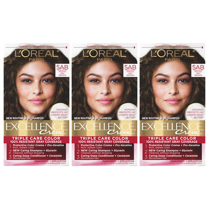 L'Oreal Paris Excellence Crème Permanent Hair Dye, Triple Care Hair Color with Hyaluronic Acid for 100% Gray Coverage, 4 Dark Brown, 1 Kit (Packaging May Vary)