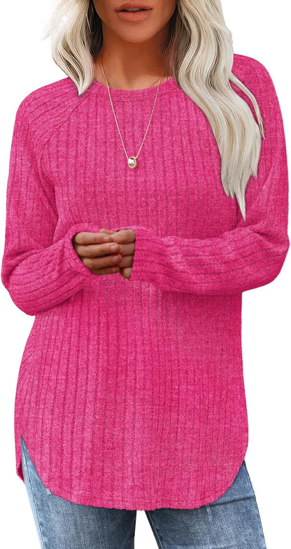 Saloogoe Long Sleeve Shirts for Women 2026 Fall Clothes Tunic Tops Loose Fit Dressy Crewneck Pullover Sweaters Curved Hem