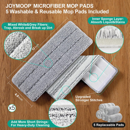 JOYMOOP Wall Mop and Bucket Set, Hands-Free Flat Floor Mop with 3 Washable Microfiber Pads, Wet and Dry Use, Ideal for Home and Commercial Floor Cleaning