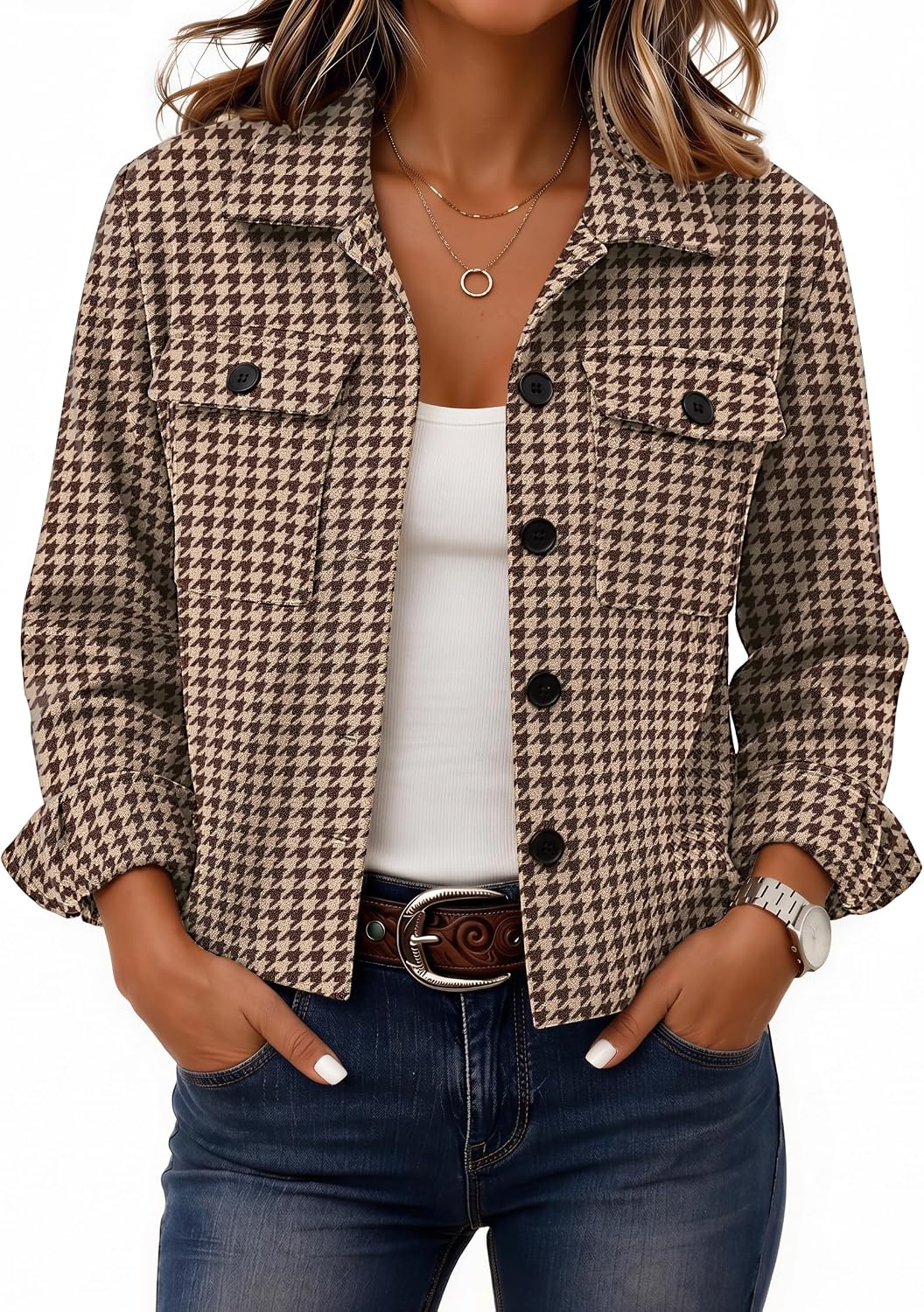 Zeagoo Flannels for Women Cropped Shacket Jacket Fashion Plaid Fall Coat