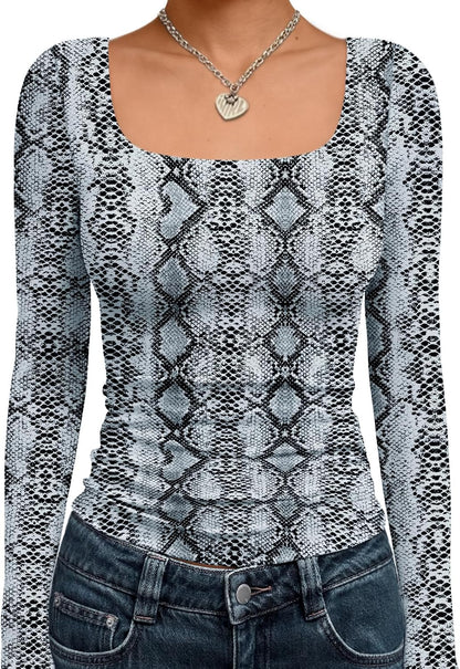 Trendy Queen Womens Square Neck Long Sleeve Shirts Double Lined Fall Tops