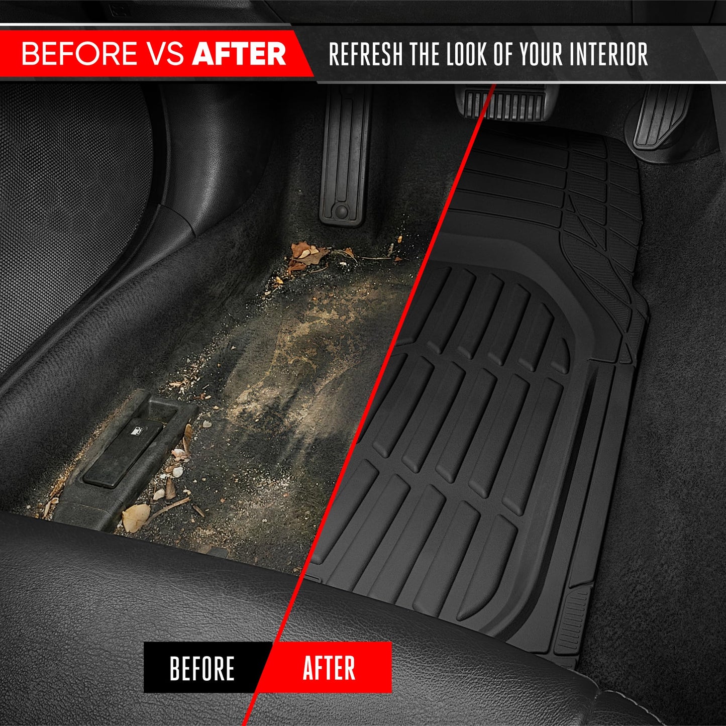 Motor Trend -2 Piece Front Car Floor Mats- Black FlexTough Contour Liners-Deep Dish Heavy Duty Rubber Floor Mats for Car SUV Truck & Van-All Weather Protection, Universal Trim to Fit