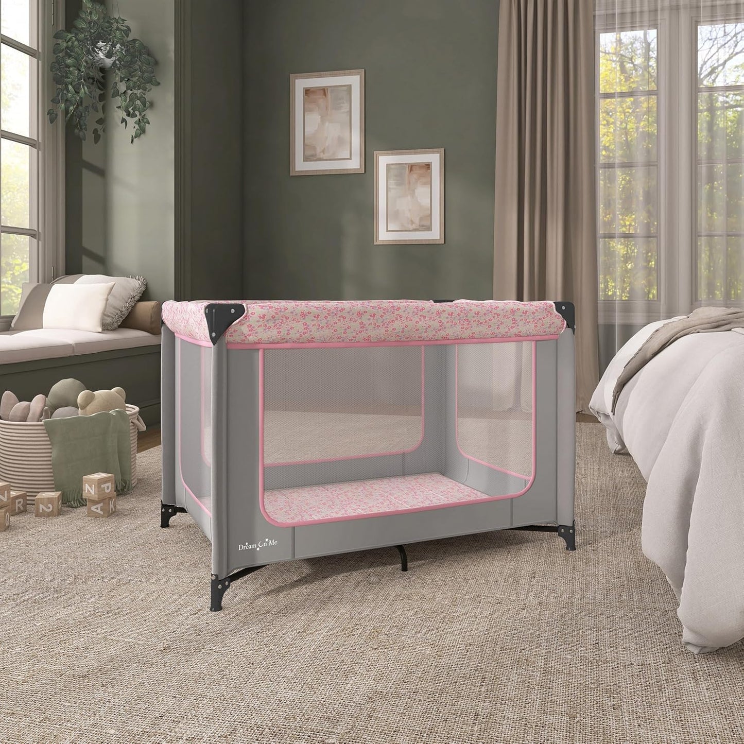 Dream On Me Zodiak Portable Playard, Compact for Travel, Carry Bag, Gray & Pink