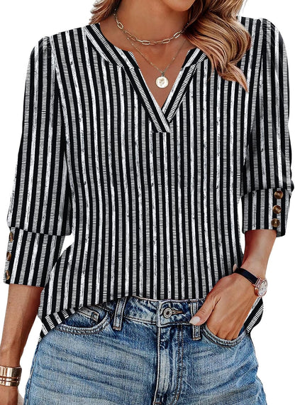 WIHOLL 3/4 Length Sleeve Womens Tops with Button Cuffs Dressy Casual V Neck Summer Outfits Early Fall Fashion Spring Clothes