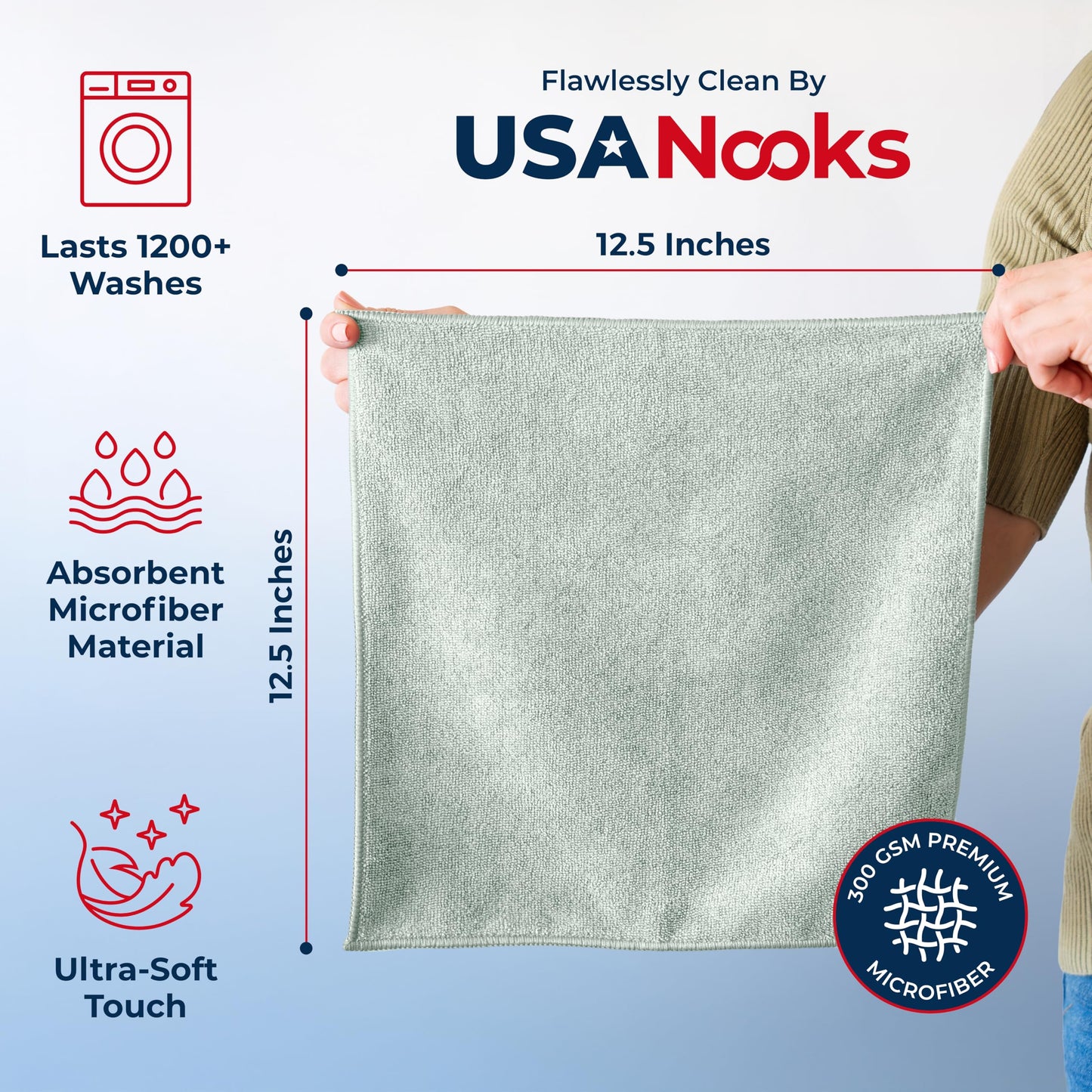 USANOOKS Microfiber Cleaning Cloth Grey - 12 Pcs (12.5"x12.5") - High Performance - 1200 Washes, Ultra Absorbent Microfiber Towel Weave Grime & Liquid for Streak-Free Mirror Shine - Car Washing Cloth