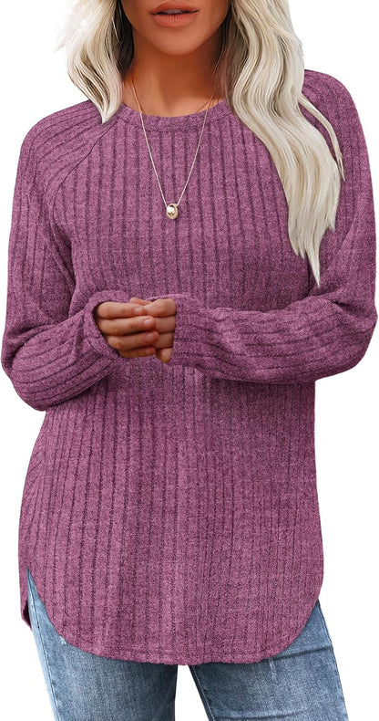 Saloogoe Long Sleeve Shirts for Women 2026 Fall Clothes Tunic Tops Loose Fit Dressy Crewneck Pullover Sweaters Curved Hem