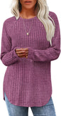Saloogoe Long Sleeve Shirts for Women 2026 Fall Clothes Tunic Tops Loose Fit Dressy Crewneck Pullover Sweaters Curved Hem