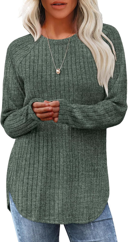 Saloogoe Long Sleeve Shirts for Women 2026 Fall Clothes Tunic Tops Loose Fit Dressy Crewneck Pullover Sweaters Curved Hem