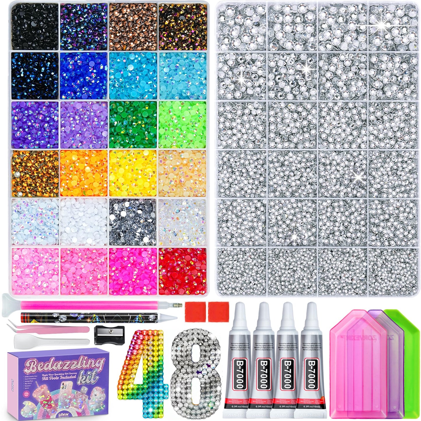 35000 Pcs Resin Jelly Rhinestones Kit, Multicolor 3mm Flatback Rhinestones with 4 Pcs B7000 Jewelry Glue & Tools, All-in-One Bedazzling Kit for DIY Arts & Crafts Gifts