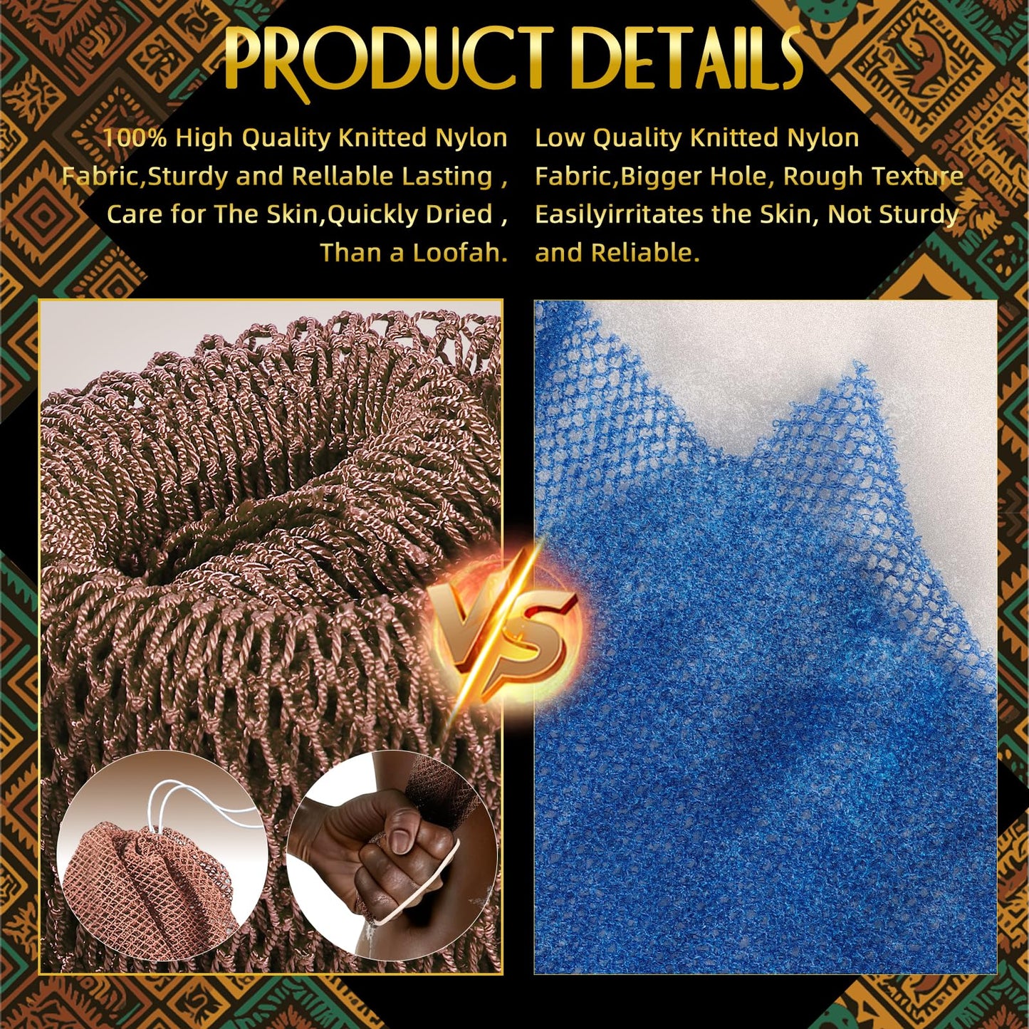 UJFQBH African Net Sponge Authenti, Exfoliating Body Scrubber for Back and Hard to Reach Areas, Gentle Daily Exfoliation for Deep Cleansing, Quick Drying Shower Essential, Aqua Grey 3 Pack