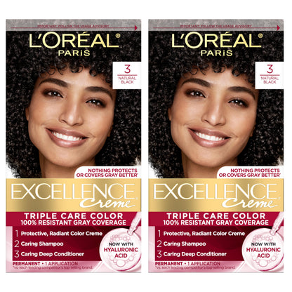 L'Oreal Paris Excellence Crème Permanent Hair Dye, Triple Care Hair Color with Hyaluronic Acid for 100% Gray Coverage, 4 Dark Brown, 1 Kit (Packaging May Vary)