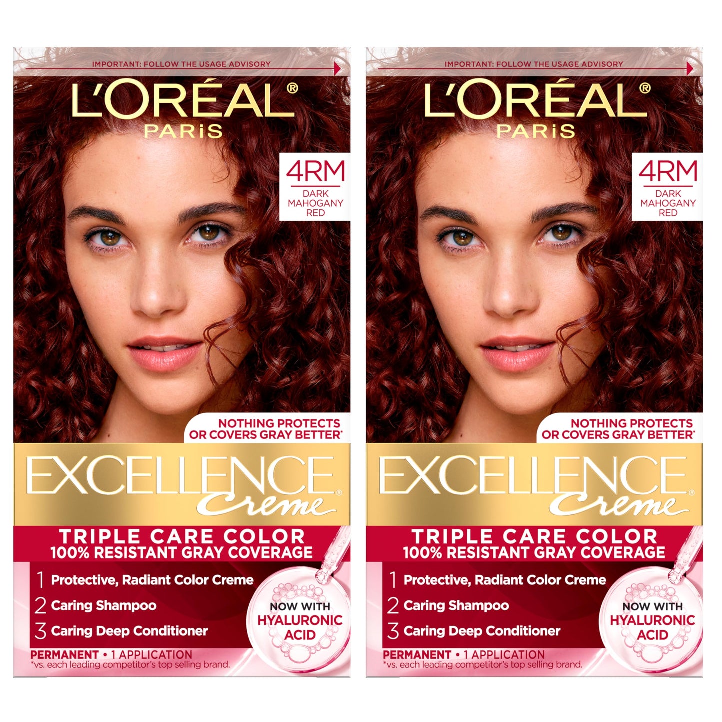 L'Oreal Paris Excellence Crème Permanent Hair Dye, Triple Care Hair Color with Hyaluronic Acid for 100% Gray Coverage, 4 Dark Brown, 1 Kit (Packaging May Vary)